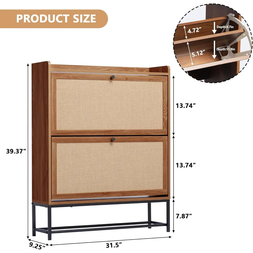 Shoe Storage Cabinet with 2 Flip Drawers,Wooden Narrow Shoe Cabinet Storage for Entryway,Metal Legs for Hallway(2 Drawer-1 Pack)