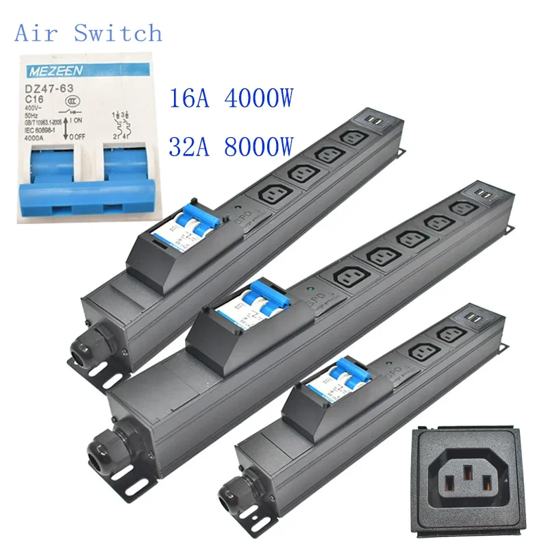 PDU power board network cabinet rack 16A/32A air switch 2-8AC C13 wireless socket with surge protection hot swappable 2USBsocket