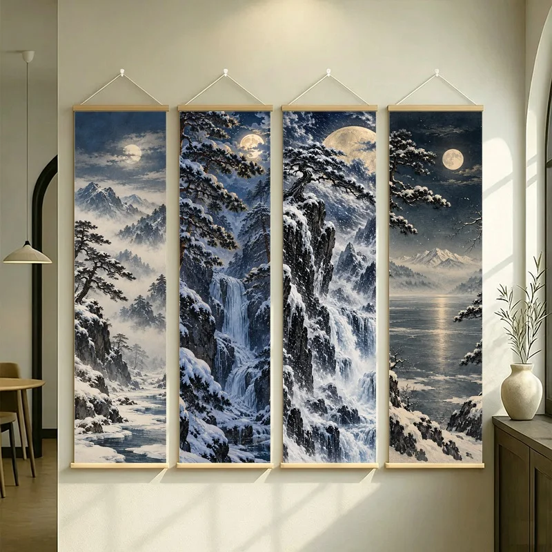 Snowy Mountain Wall Art with Moonlit Peaks, Waterfalls and Serene Lake on Silver Shimmer Canvas for a Quiet Bedroom Retreat