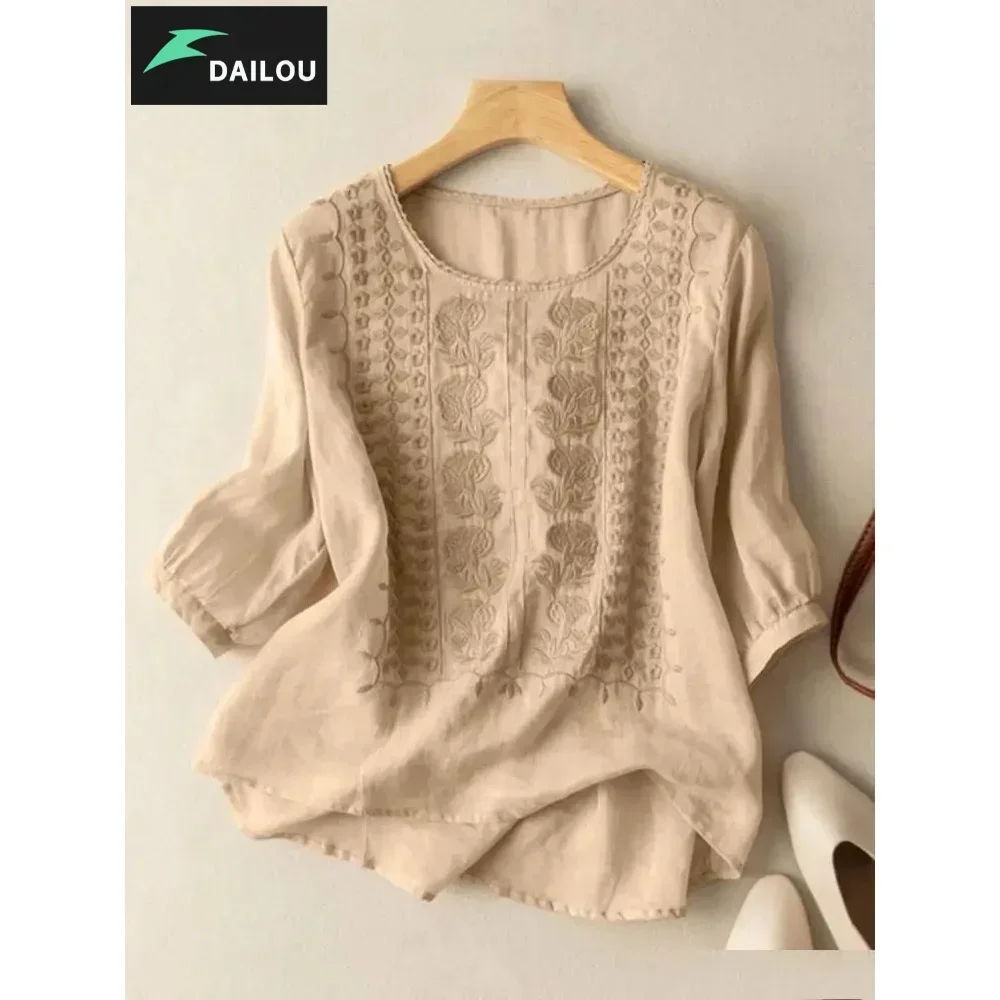 DAILOU Floral Embroidery Shirts Summer Lace Crochet Blouse Women 3/4 O Neck Sleeve Tops Femme Tunic Causal Cotton