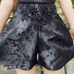 Luxury Style 3D Flowers Stitch Pantalones Cortos Black Wide Leg Shorts For Women's Summer Short Pants Short Trousers