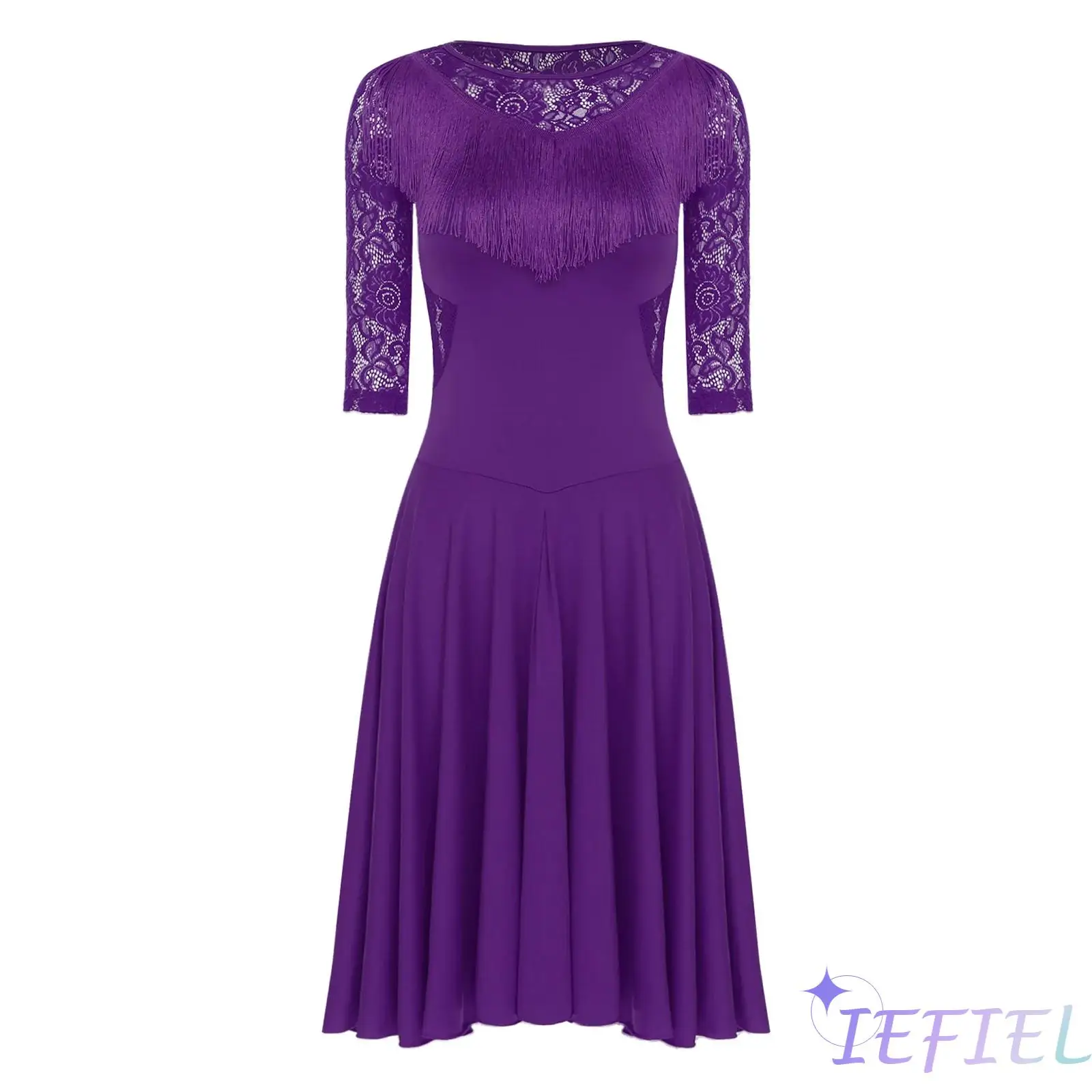 

Womens 2- Piece Lyrical Ballet Latin Dance Outfit Set Sheer Floral Lace Flowy Tassel Samba Tango Salsa Dress with Safety Shorts