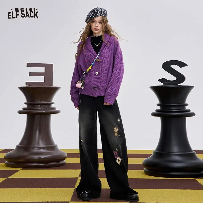 

ELFSACK 2025 Winter New Arrivals Y2K Loose Embroidered Flare Pants For Woman