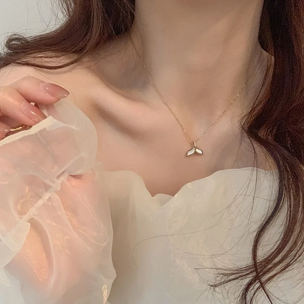 New Arrival White Sea Shell Mermaid Tail Pendant Necklace for Women Cute Gold Color  Stainless Steel Choker Korea Jewelry Gift image 4