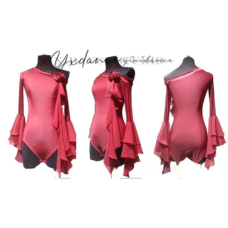 

Танцевальный костюм Balloom для женщин: черно-красный боди с цветочным принтом и асимметричным вырезом на плече, топ для выступлений вальса, длинная юбка с рюшами SS1722