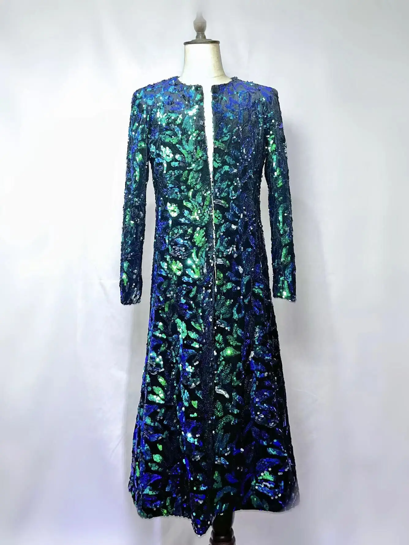 Blue Green Sequins Long Style Jacket Men Dancer Show Handmade Blazer Bar Singer Plus Size Costume Evening Outerwear