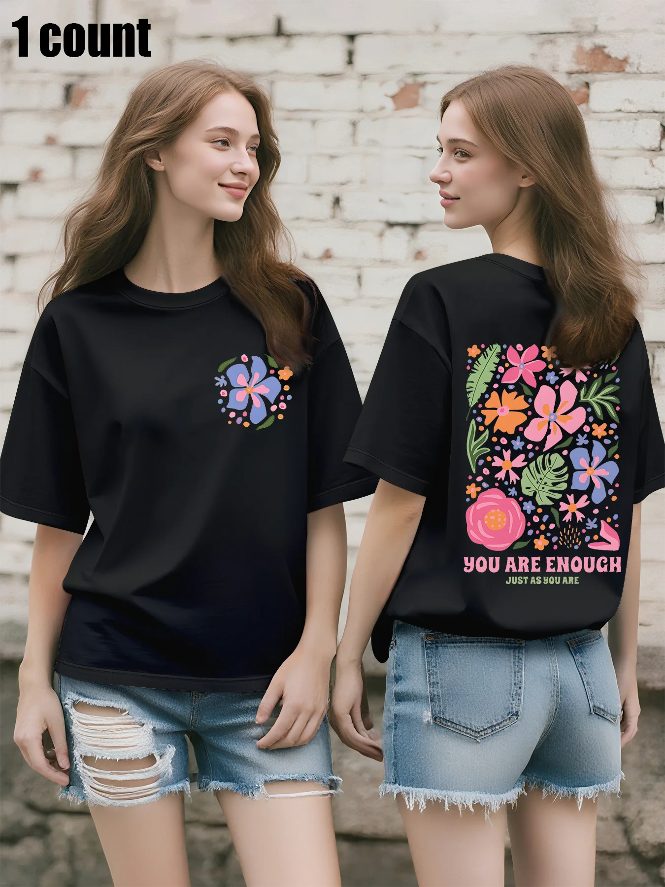 Plus Size Women's Oversized T - Shirt, Front Floral Pocket & Back "YOU ARE ENOUGH" Print, Boho Graphic Tee, Short - Sleeve Top
