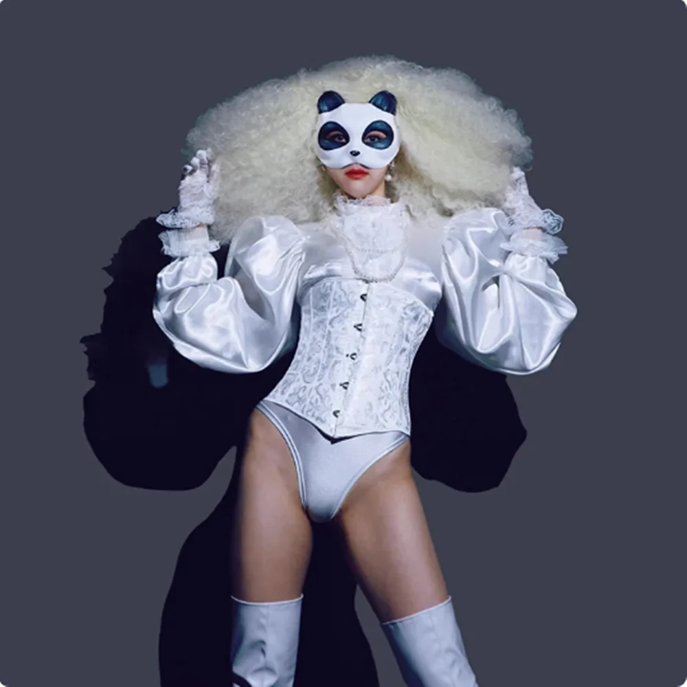 White Puff Sleeve Bodysuit Nightclub Bar Dancer Stage Clothes Mask Wig Jazz Dancing Outfit Festival Performance Costume