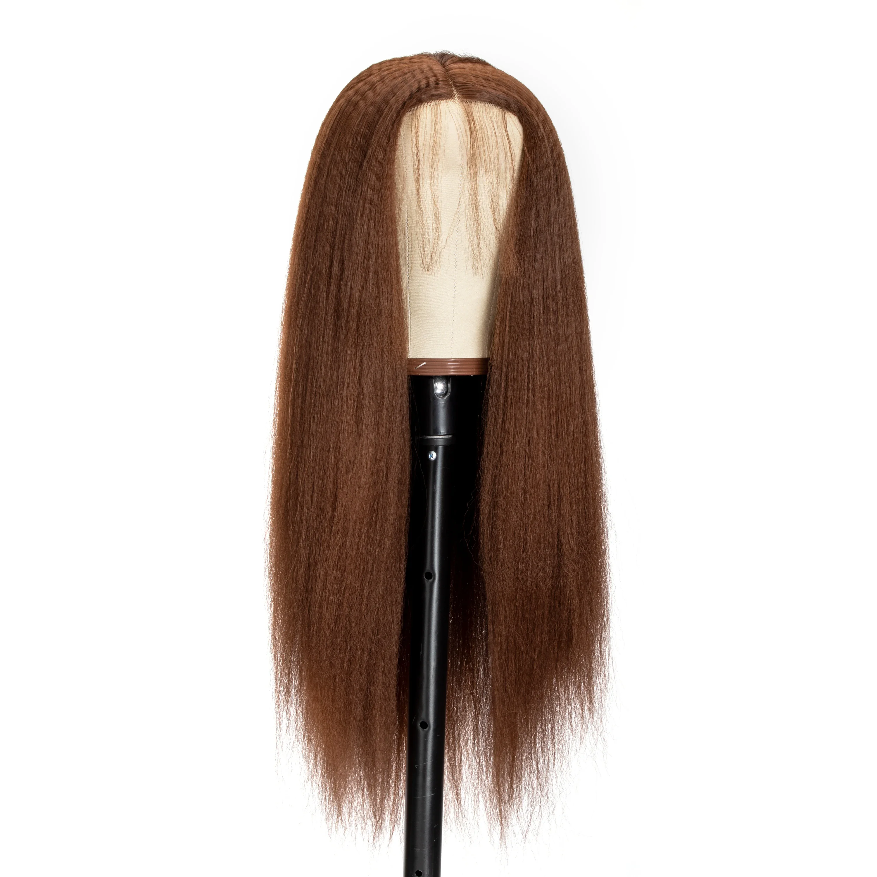 Reddish Brown Color Long Yaki Kinky Straight Lace Front Synthetic Part Wig Women Cosplay Daily Prepluck With Baby Hair Glueless