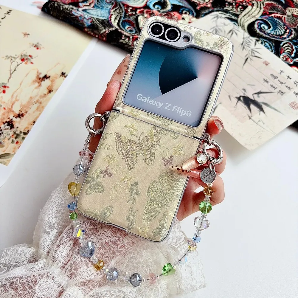 For Samsung Galaxy Z Flip 6 7 FE 8 Embroidery Butterfly Phone Case Axis Hinge Protective PC Shell Bracelet Shockproof Back Cover