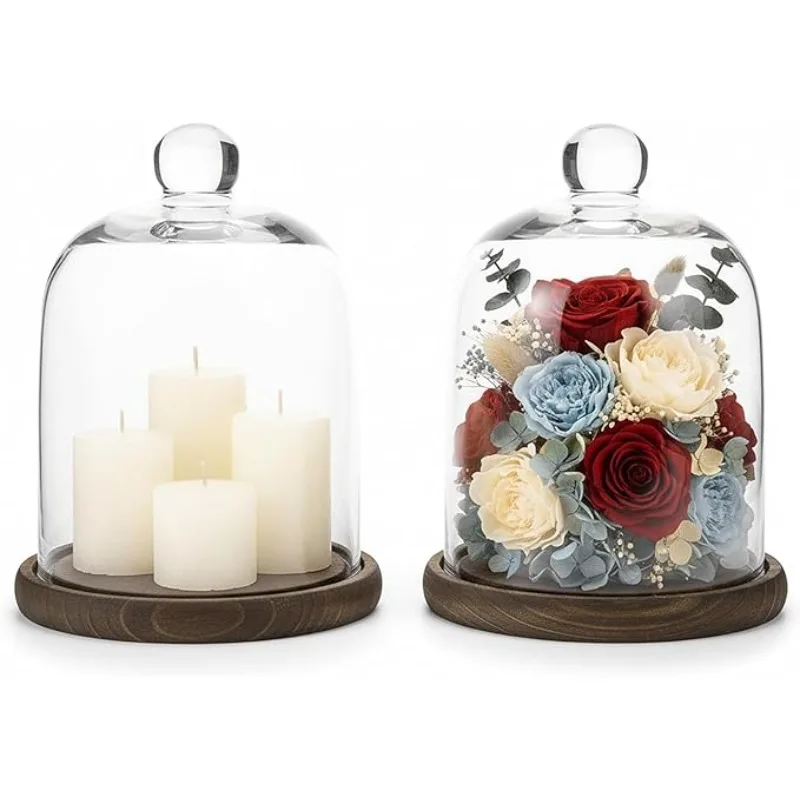 2packs/1pack,Clear Cloche Glass Dome,Display Bell Jar with Top Handle and Rustic Brown Solid Wood Base,Inner Size16cmHx13cm Dia.