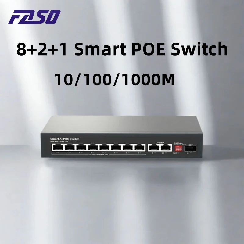 

Умный коммутатор AI POE 10/100/1000 Мбит/с Полнодуплексный и полудуплексный Ethernet-коммутатор с 8 PoE и 2 Uplink RJ45 и 1 портами SFP