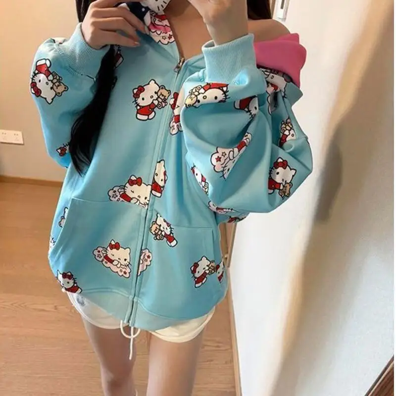 

Sanrios куртка для девочек «Hello Kitty», милая, с длинными рукавами, свободная, простая, с трендовым принтом, креативная мода, хит продаж, подарок на день рождения
