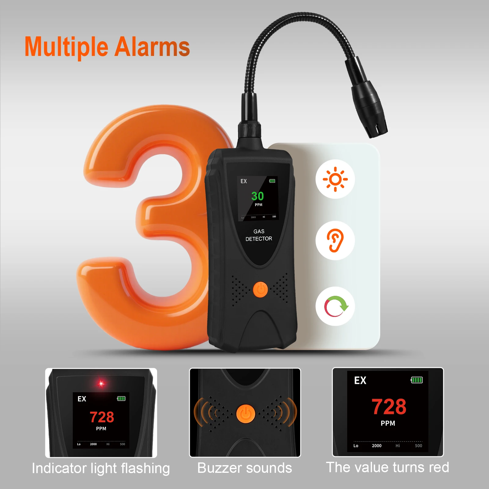Aikesi detector de gás portátil de alta sensibilidade JLY-80 analisador de gás combustível com sensor flexível detector de vazamento de gás de pescoço