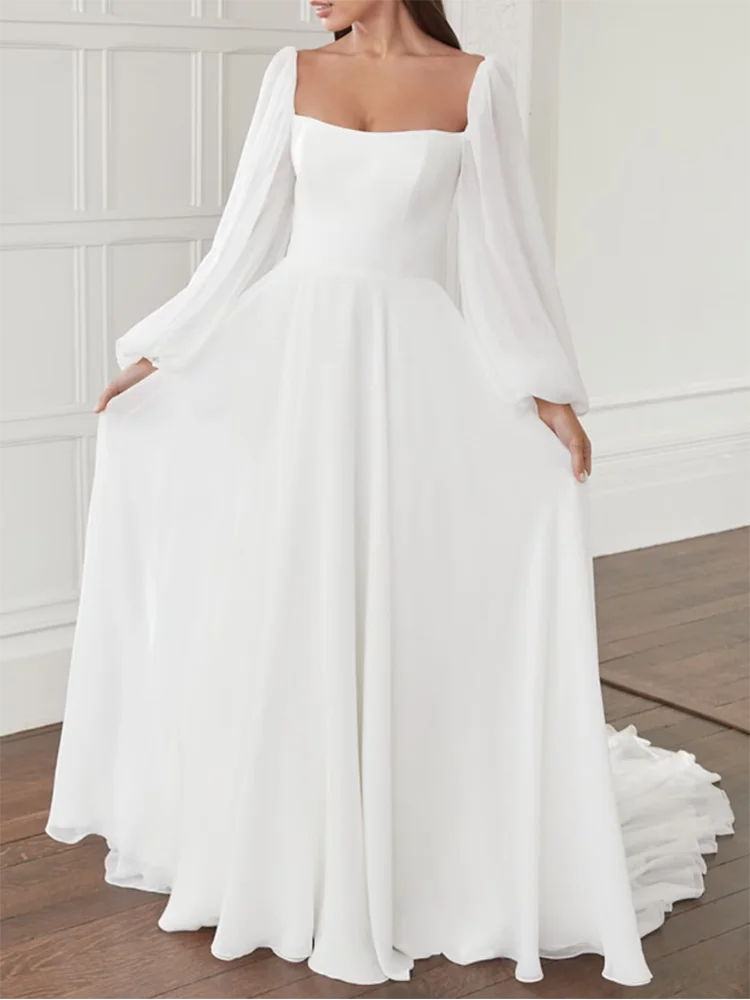 Customize A-Line Square Collar Long Sleeve Court Train Backless Chiffon Floor-Length Woman Wedding Dress Bridal Engagement Gowns