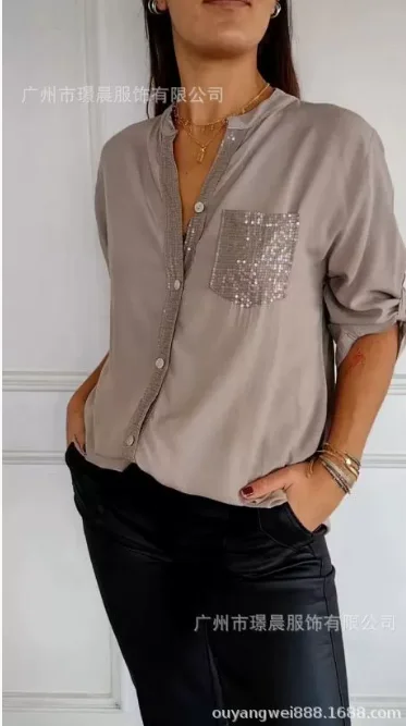 Top cardigan con tasca con paillettes e colletto rialzato da donna casual alla moda per l'estate 2025