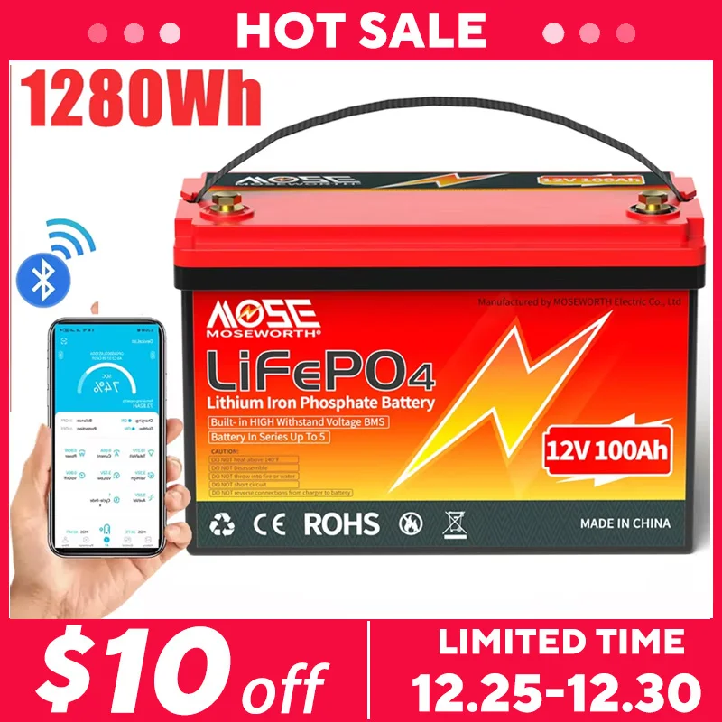 1-2pcs 12V 100Ah LiFePO4 Battery Deep Cycle Rechargeable Batteries Lithium Iron Phosphate Bateria Power Bank for RV Camper Solar