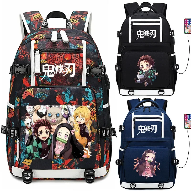 Demon Slayer: Kimetsu No Yaiba Kamado Tanjirou Backpack Laptop Bag Men Anime Travel Bags USB Oxford Backpack Schoolbag