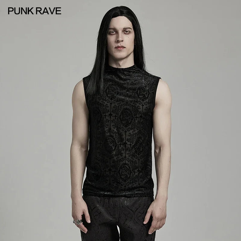 PUNK RAVE Men\'s Gothic Gorgeous Flocked Pattern Mesh Tank Top Minimalist Dark Sexy Handsome Tops Streetwear Summer