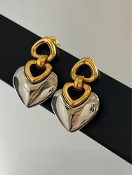 Brass Chunky 2 Tone Heart Drop Earrings Women Jewelry Punk Party T Show Gown Runway Korean Japan INS