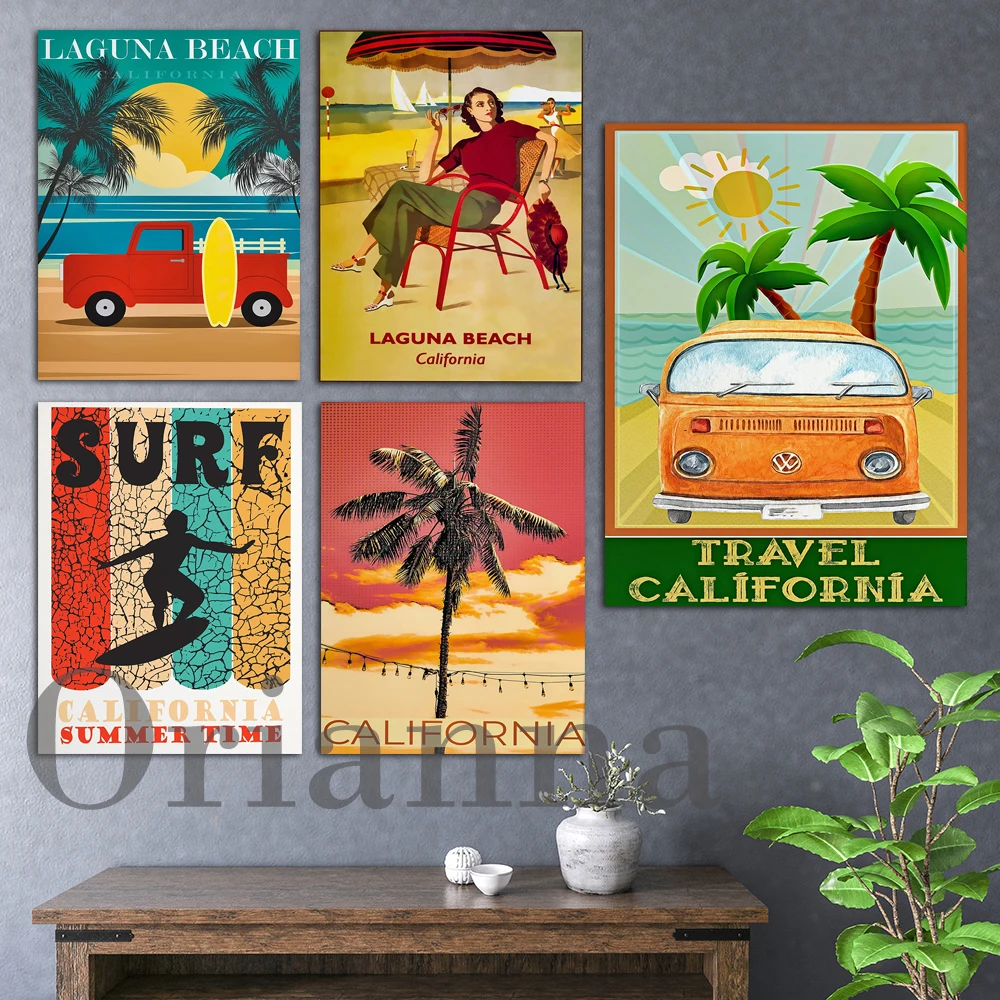 California Retro Travel Fashion Woman Enjoying Laguna Beach Surfboard Surf Truck Palm Trees Wall Art Print Poster Decor Painting