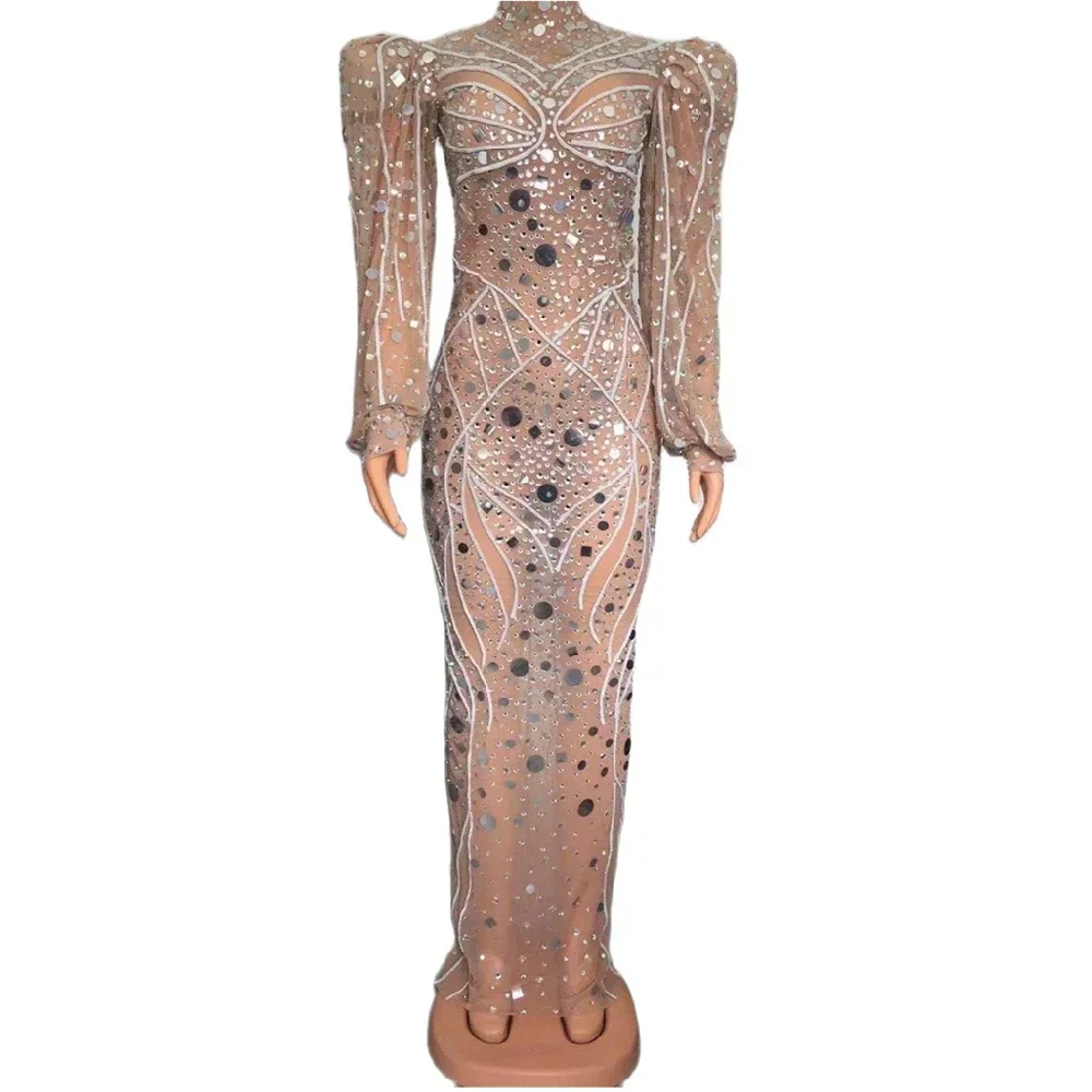 Shining Sequins Rhinestones Puff Sleeves Sexy Women Fashion Dress Evening Party Cloth Stage Singer Perform Show Costume