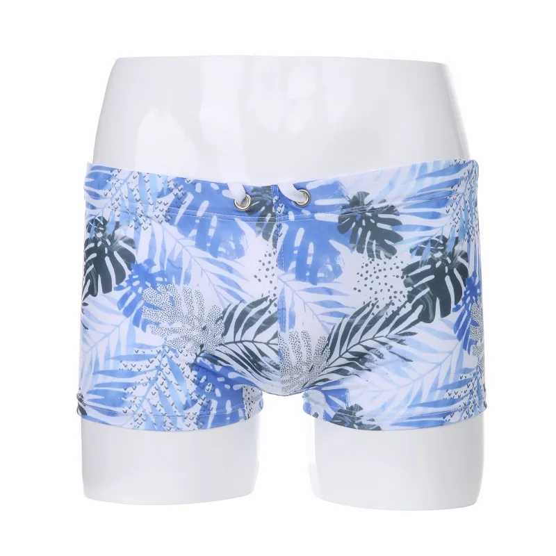 Fashion men's plant-based printed drawstring swimming trunks summer cool silky boxer beach pants CMA069