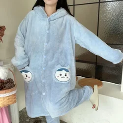 New Winter Chikawa Coral Velvet Nightgown Anime Kawaii Female Hachiware Usagi Hooded Pajamas Thickened Outer Wear Home Clothes