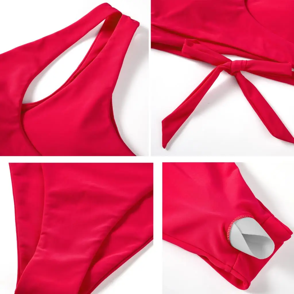 Conjunto de Bikini de un hombro para mujer, bañador de cintura alta, trajes de baño sólidos, Bikini entrecruzado con Push-Up para mujer 2024