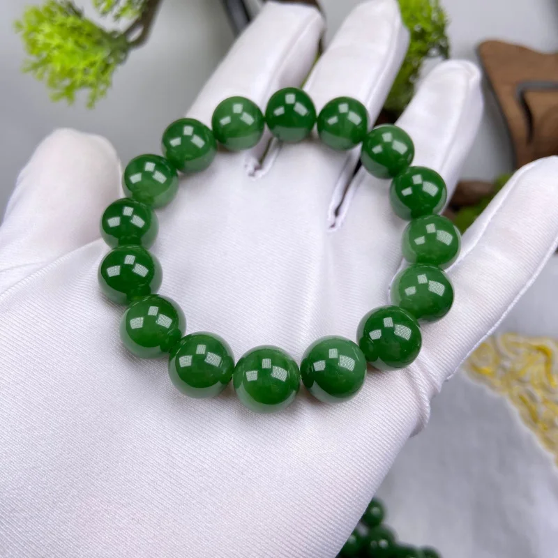

Браслет из нефрита «Шпинат Хэтиан» 12 мм, без черных пятен, цвет «Ян-зеленый», круглые бусины, в комплекте