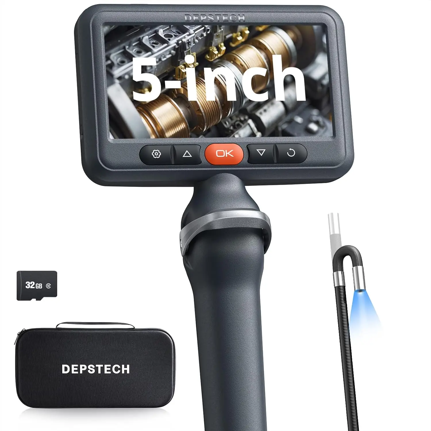 

Articulating Borescope Camera with Light, 5' HD Screen, Industrial Endoscope with Flexible Probe for Engine, Wall Inspection - 5