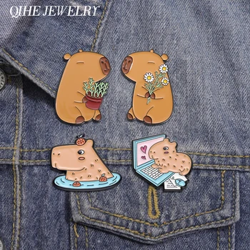 Cartoon Capybara Brooch Enamel Pins Funny Cute Hippo Hold Flower Lapel Badge Backpack Clothes Accessory Jewelry Gift for Friends