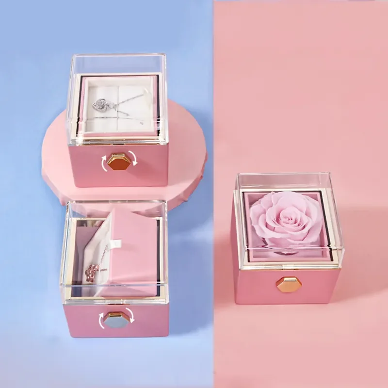 2024 Valentines Day Rotating Eternal Rose Gift Box Acrylic Ring Necklace Preserved Flower Jewelry Box For Girlfriend Gifts