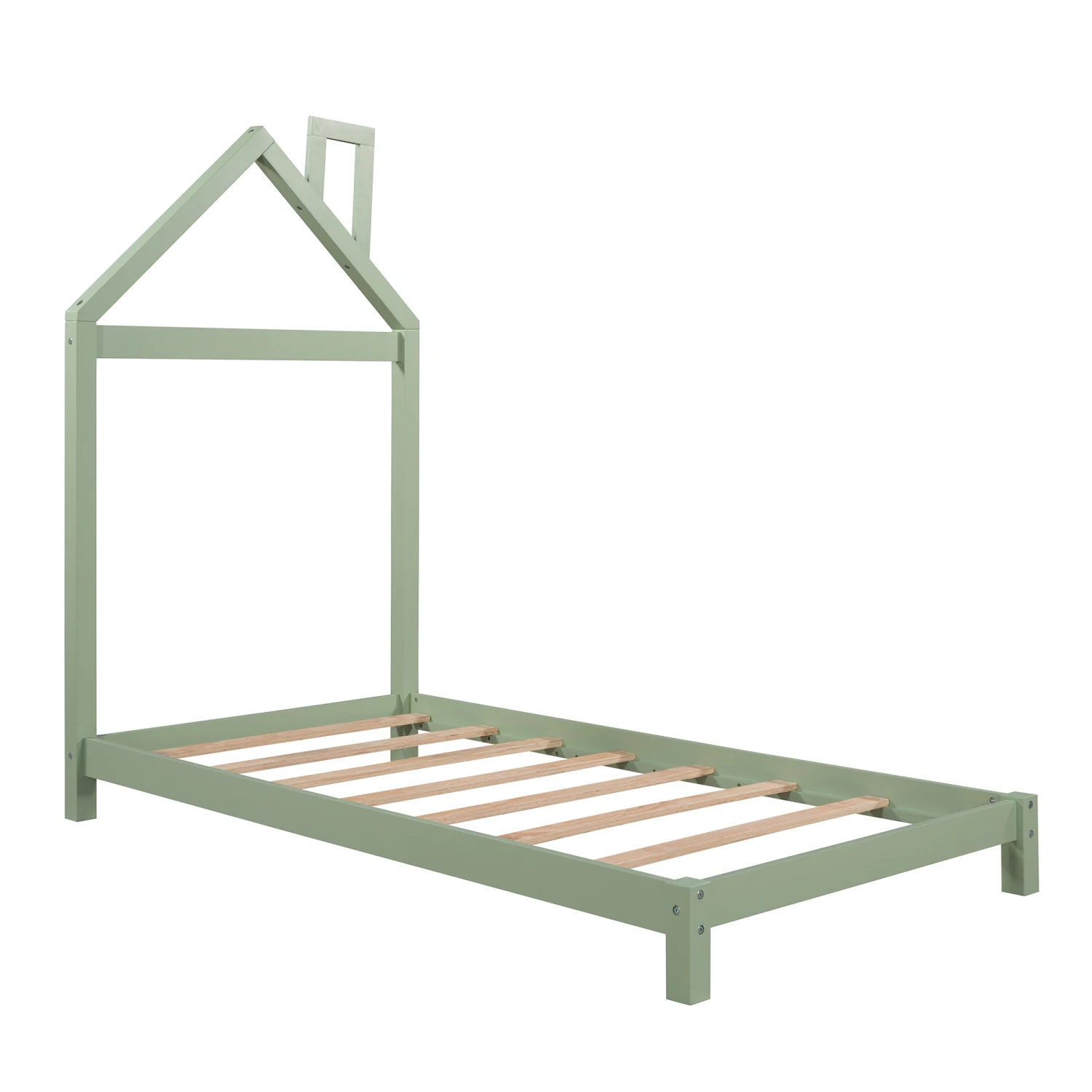 Wood Platform Twin Bed, House-shaped Headboard, Green Color