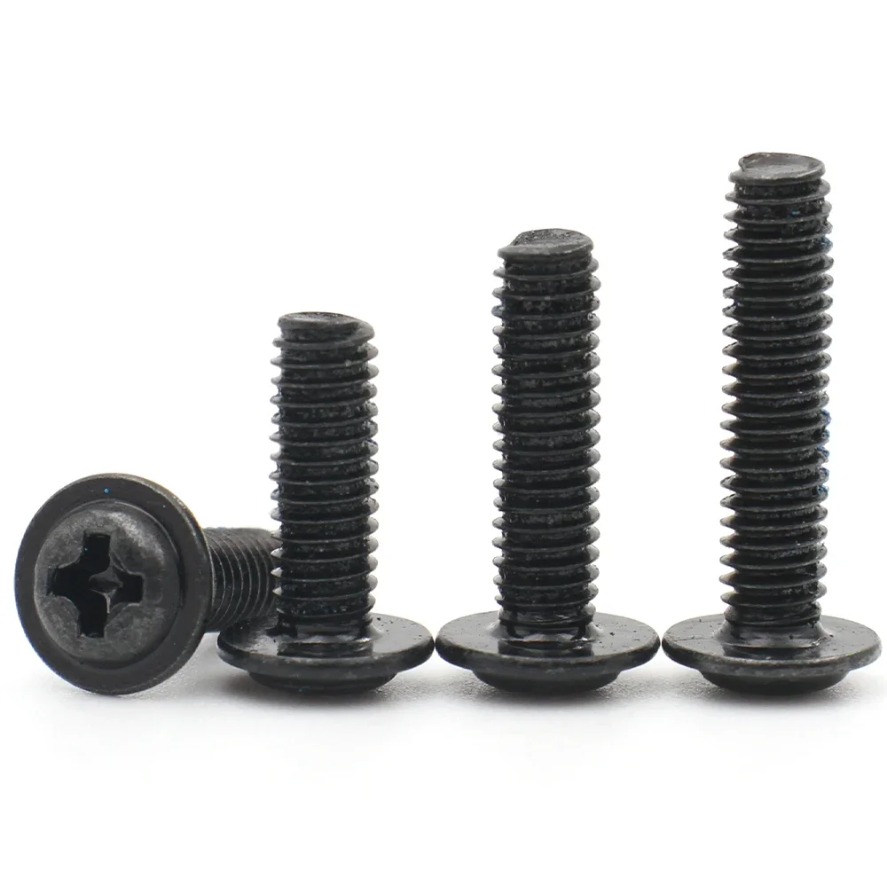 10/20/50/100pcs PWM M1.4 M2 M2.5 M3 M3.5 M4 M5 Black Carbon Steel Phillips Cross Pan Round Head with Washer Collar Screw Bolt