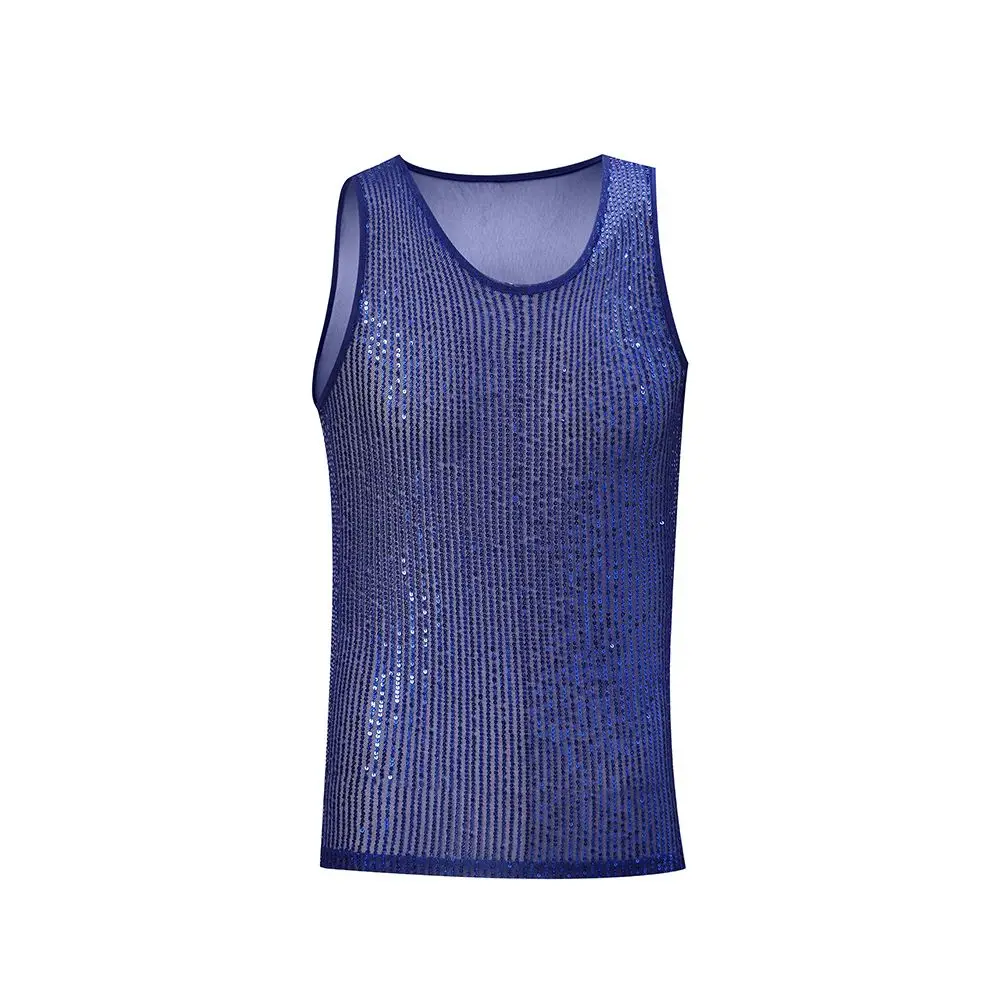 Sequin Embellished Sequin Tank Top Sheer Mesh Iridescent Shine Sparkle Party Top Sleeveless Round Neck Sleeveless Shirt