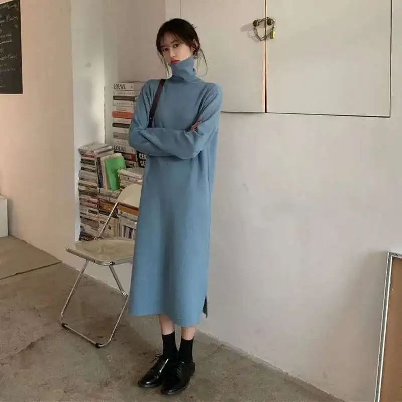 Xpqbb Fall Winter Turtleneck Women Basic Solid Casual Loose Long Sleeve Dresses Female Streetwear Side Split Dress