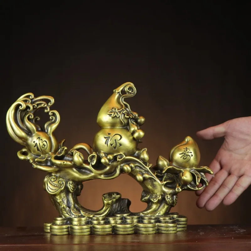 Brass Fu Shou Lu Ornaments, Gourds, Wishing For A Life Filled With Good Fortune Success, Copper Ruyi, Home And Shop D