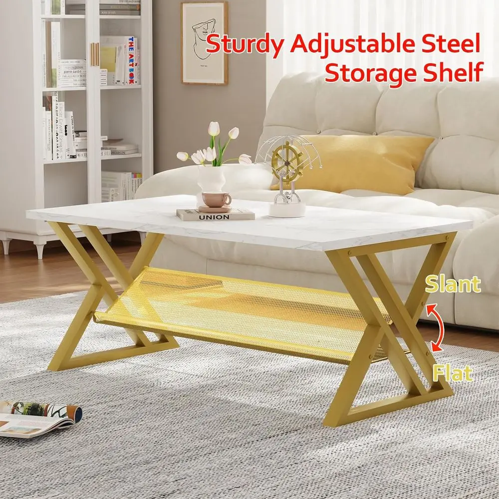 Modern Rectangular Faux Marble Coffee Table with Storage Shelf and Gold Metal Frame for Living Room and Home Office