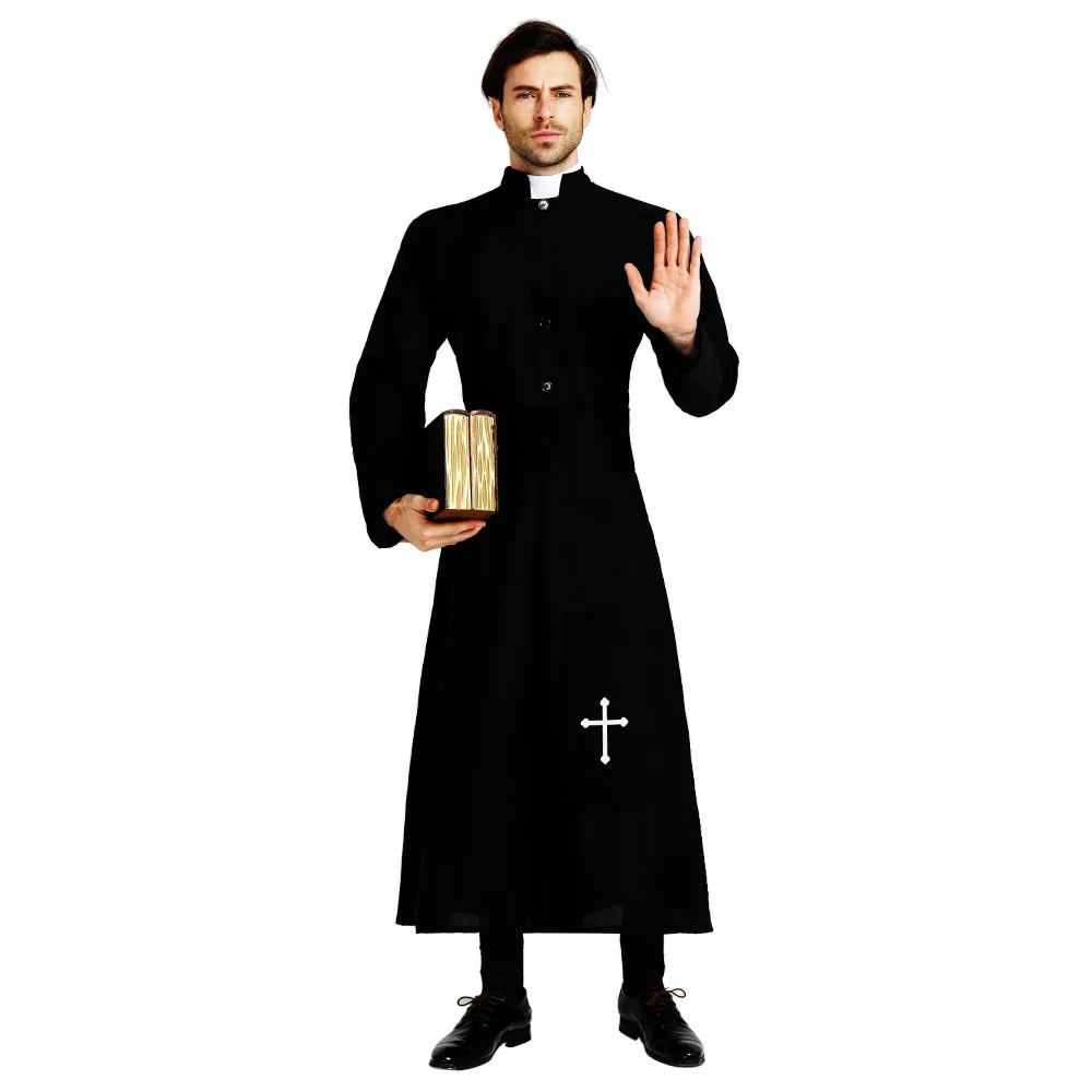 Costume de Prêtre Noble Noir pour Homme, Cosplay d'Halloween, Pasteur Religieux, Père, ixde Pourim, Robe de Barrage de Mardi Gras