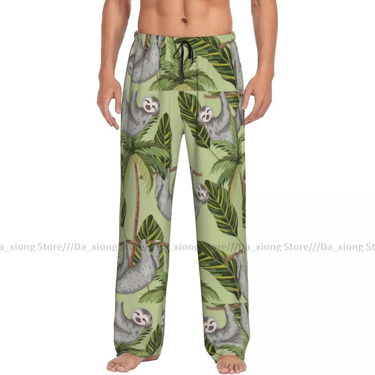 Mens Casual Pajama Long Pant Loose Elastic Waistband Sloth With Tropical Palm And Leaves Cozy Sleepwear Home Lounge Pants