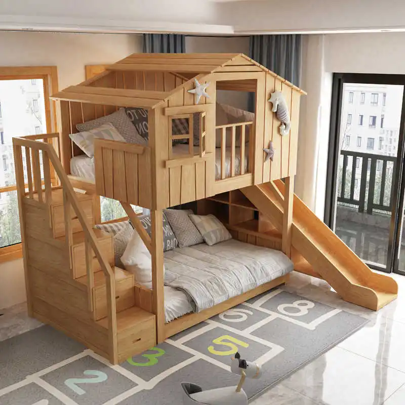 Children's treehouse bed, bunk bed, all solid wood, up and down, high-low bunk bed with slide, attic, secret base