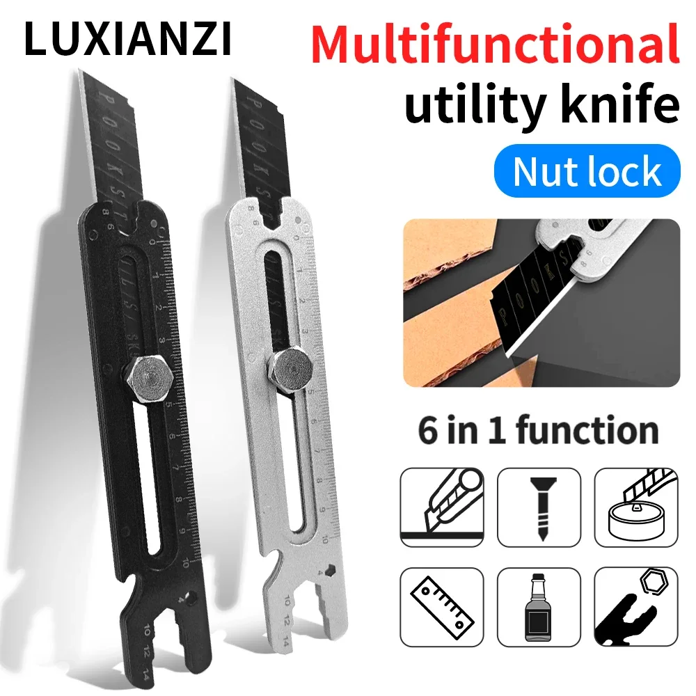 LUXIANZI 6 in 1 Stainless Steel Retractable Utility Knife Opener Box Cutter Art Supplies Ruler Bottle Opener MultiFunction Knife