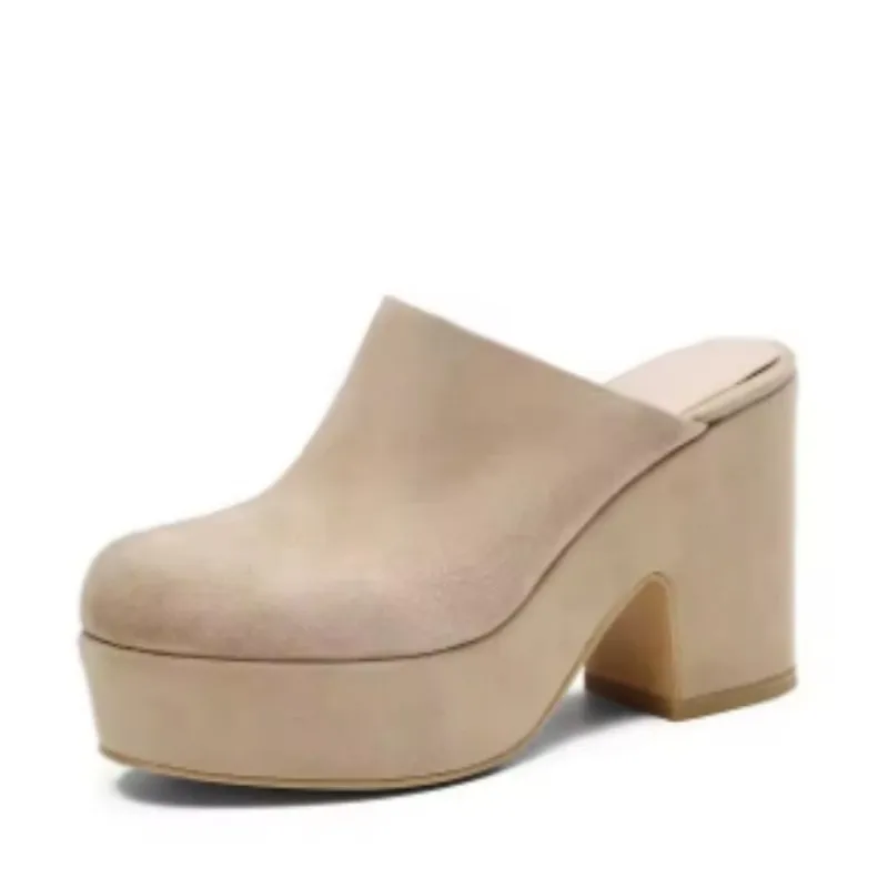 

SHOFOO Fashionable women's high-heeled slippers. Beige suede slippers. About 10cm heel height. Strange style slippers.size:34-46