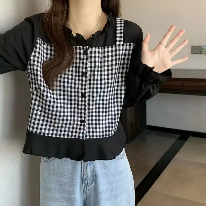 

Femme Spring Summer Korean Fashion Printing Patchwork O-neck Pullovers Women Shirts Fashionable Fake Two Pieces Long Sleeve Tops