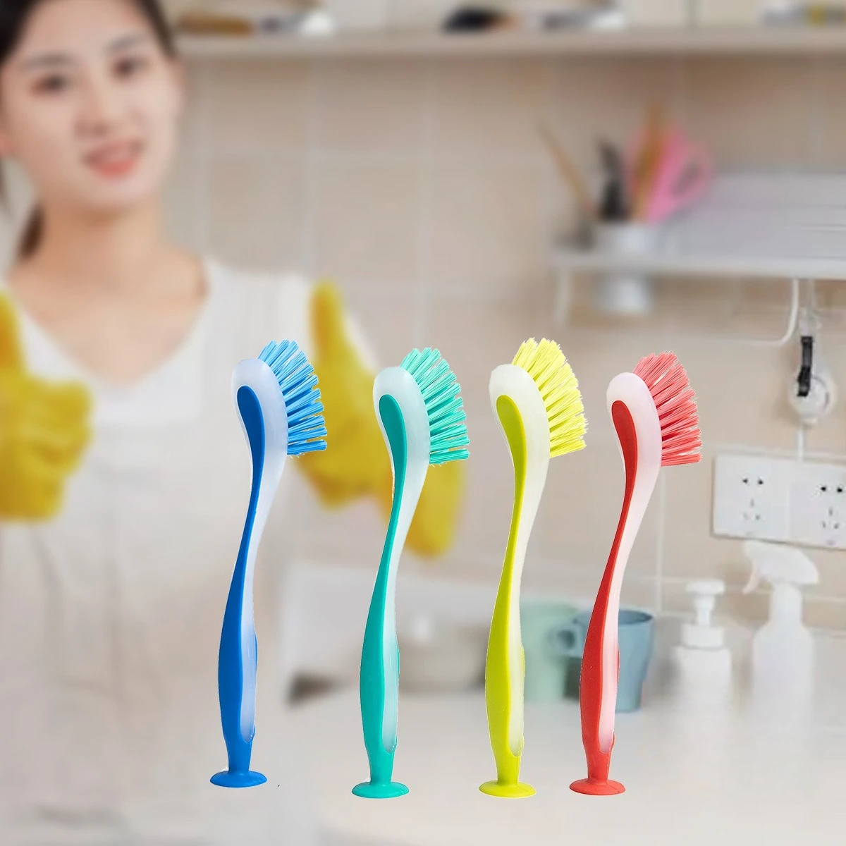 Multi Function Cleaning Brush Can Be Vertical Suction Cup Brush Long Handle Kitchen Brush Pot Wash Dish Cleaning Brush
