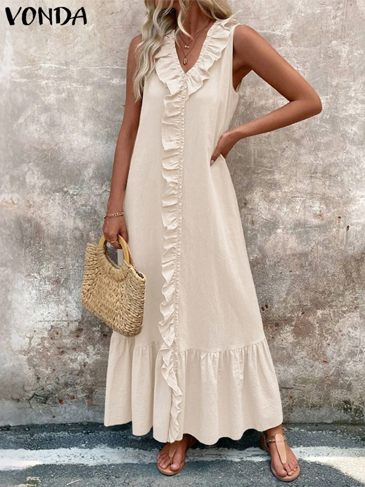 VONDA Abito lungo estivo Donna senza maniche Sexy increspato Maxi Abiti 2025 Moda scollo a V Casual tinta unita Beach Tank Vestito estivo