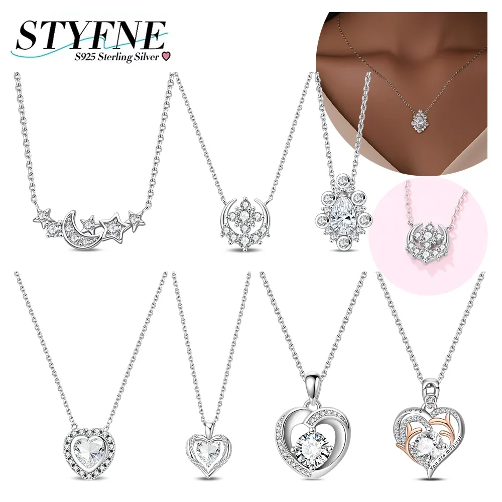 

Ожерелье из серебра 925 пробы с блестящим цирконом в форме сердца, ожерелье «Бесконечная любовь», ожерелье со звездой и луной, вечерние модные украшения, подарки на день рождения для женщин