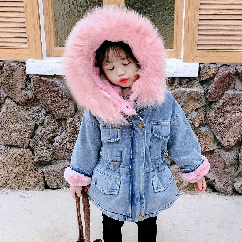 0-6 years old Girl\'s Denim CottonJacket Winter New Plush and Thickened Warm Jacket Children\'s Large Fur Collar Hooded Jacket