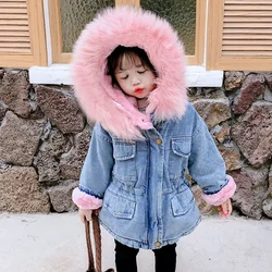 0-6 years old Girl's Denim CottonJacket Winter New Plush and Thickened Warm Jacket Children's Large Fur Collar Hooded Jacket